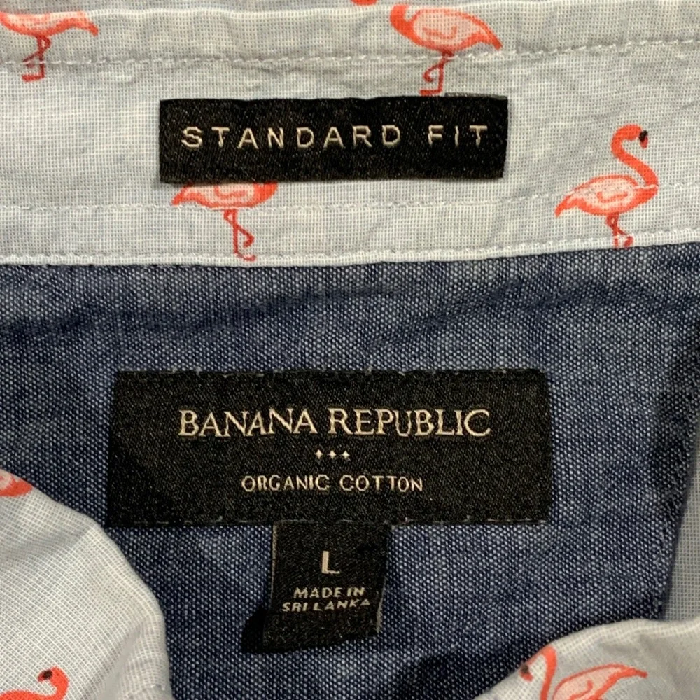Banana Republic Flamingo Shirt Mens Large Standard Fit Blue Cotton Short Sleeve